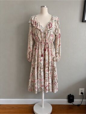 Boho Cream Midi Dress with Pink Floral Print and Ruffle V-Neck